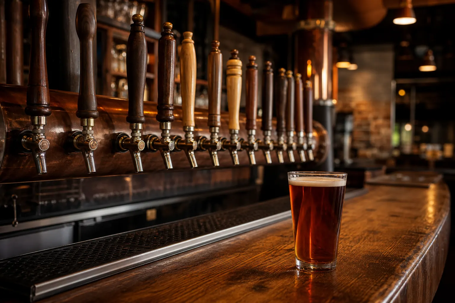 Wood tap handles on a copper rail in a tasting room