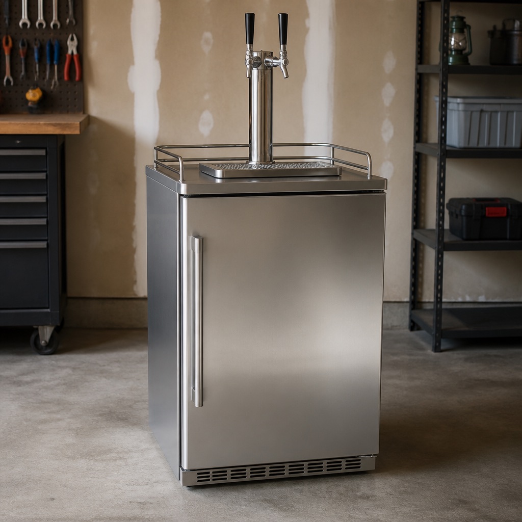 A stainless kegerator cabinet
